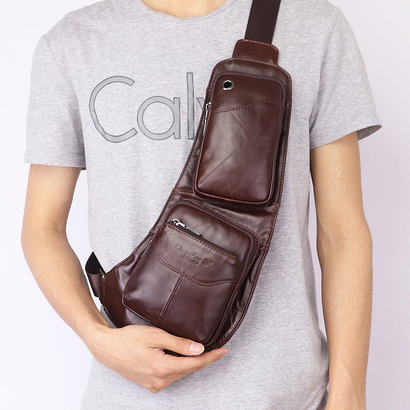 Men's Cowhide Genuine Leather Personality Retro Mobile Men's Chest Bags
