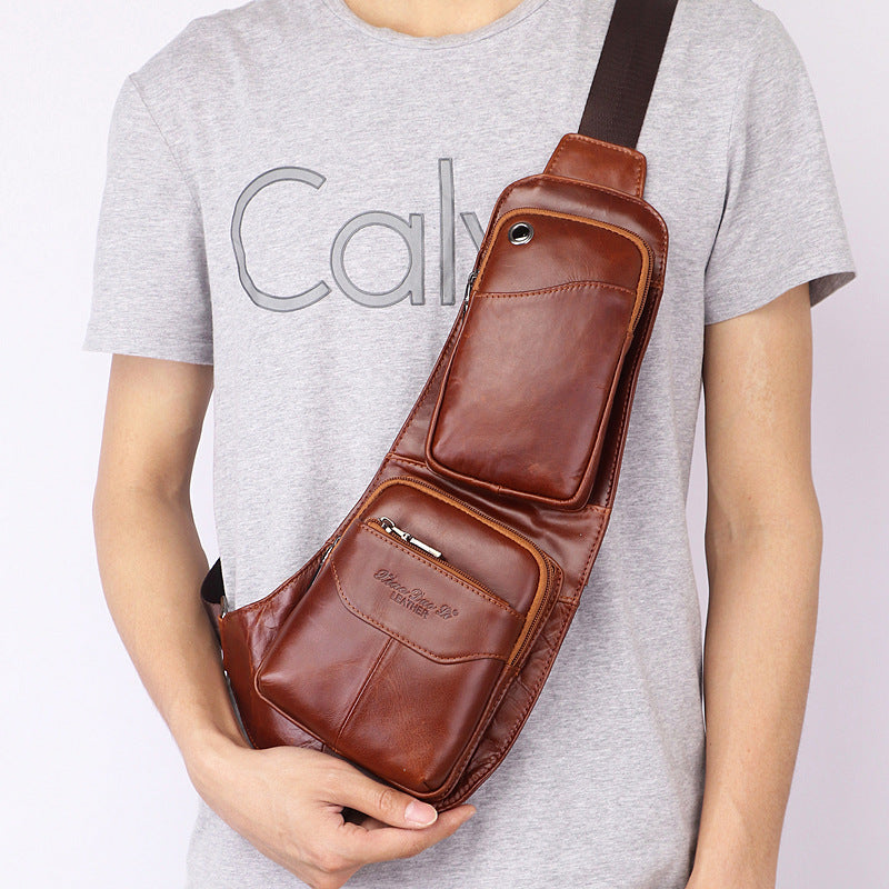 Men's Cowhide Genuine Leather Personality Retro Mobile Men's Chest Bags