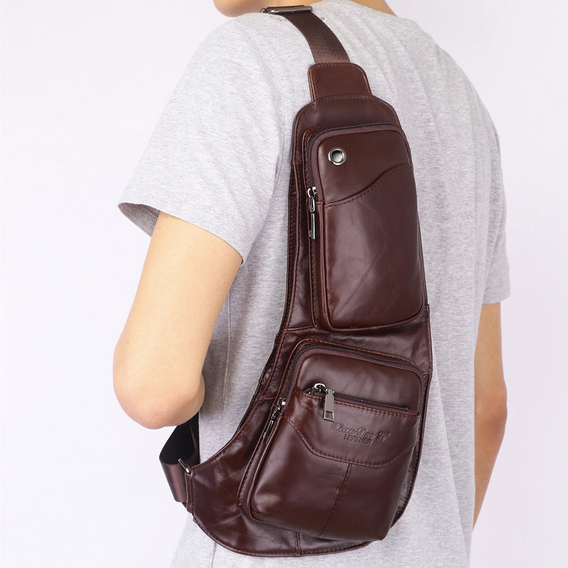 Men's Cowhide Genuine Leather Personality Retro Mobile Men's Chest Bags