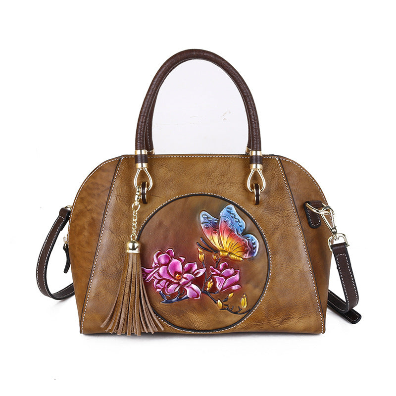 Women's Cowhide Retro Style Shell Brushed Embossed Shoulder Bags