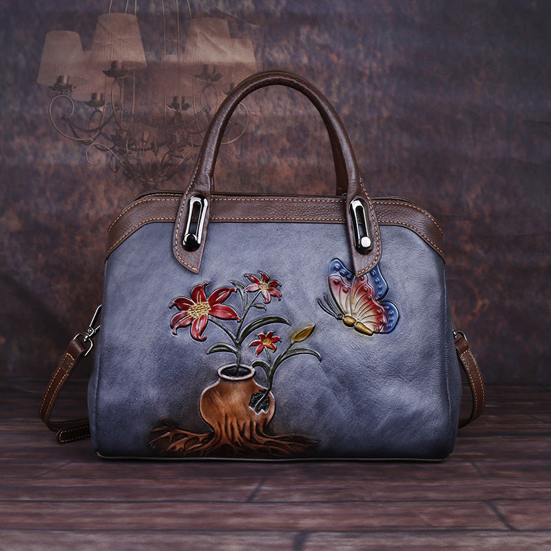 Women's Layer Cowhide Leather Chinese Style Vintage Floral Shoulder Bags