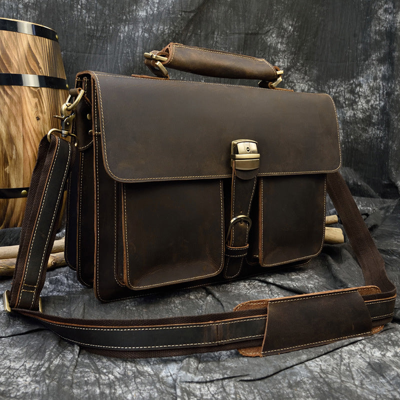 Men's Retro Crazy Horse Leather Double Compartment Men's Shoulder Bags