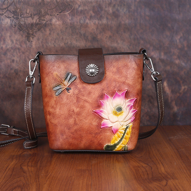Top Layer Cowhide Leather Retro Embossing Colored Shoulder Bags