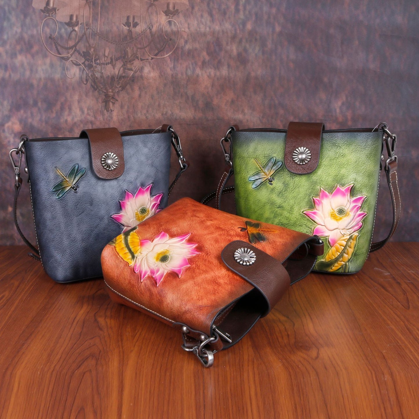Top Layer Cowhide Leather Retro Embossing Colored Shoulder Bags