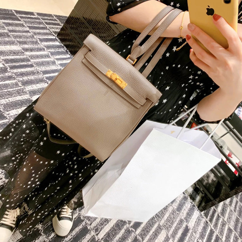 Women's First Layer Cowhide Lychee Pattern Kelly Backpacks