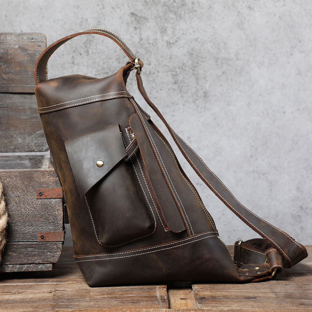 Men's Personality Crazy Horse Leather Message Handmade First Men's Shoulder Bags