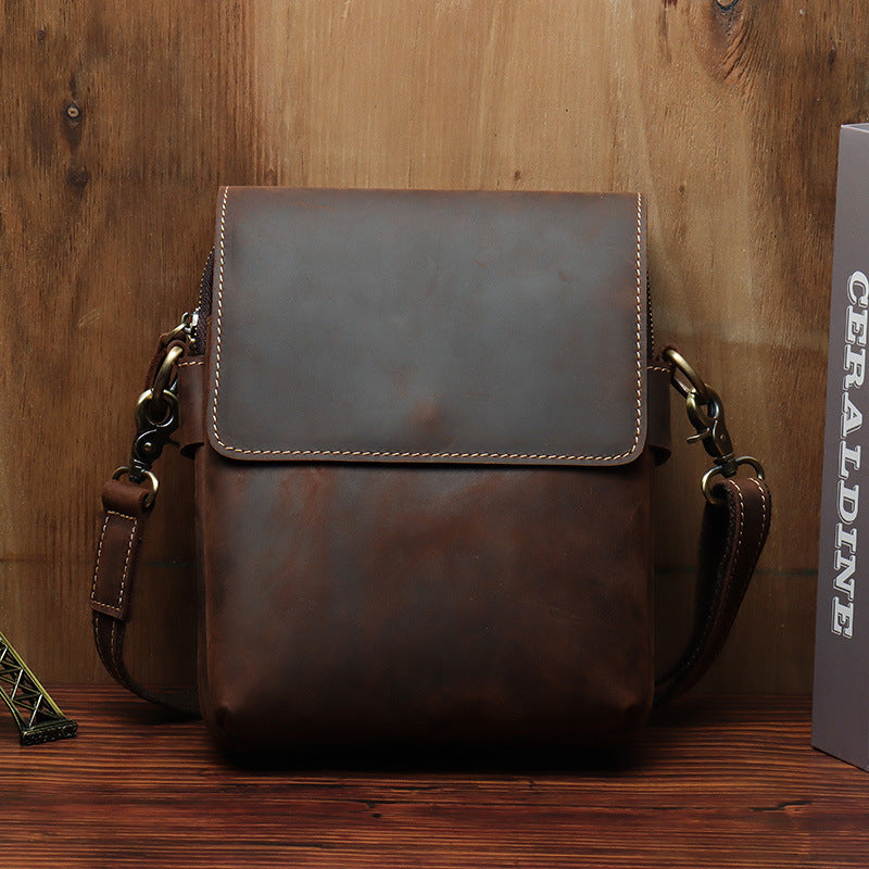 Men's Handmade Crazy Horse Leather Vertical Simple Men's Messenger Bags