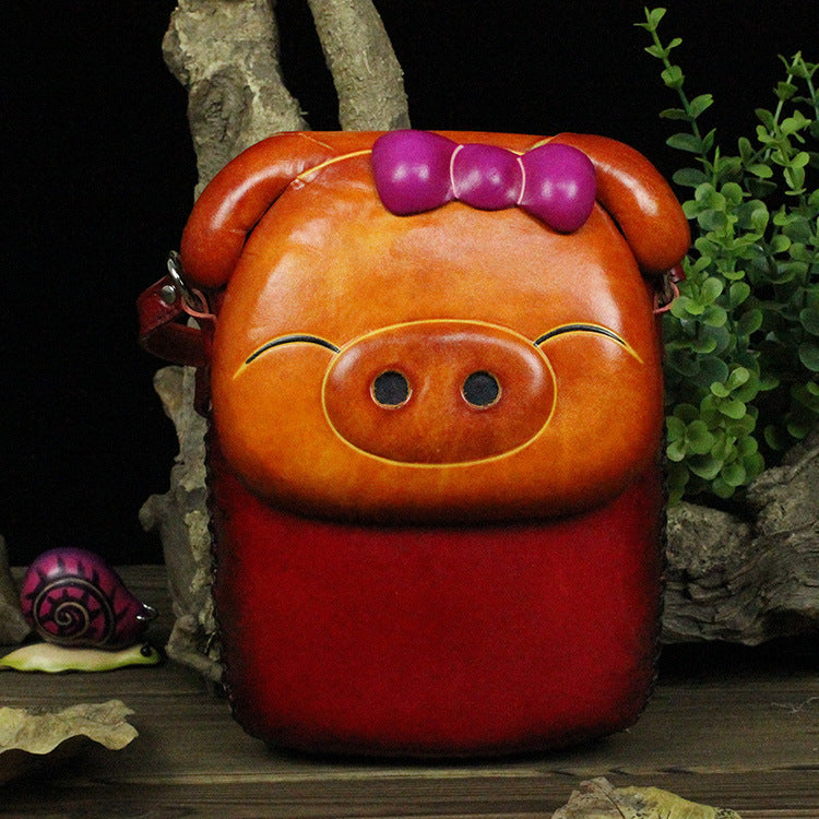 Handmade Vegetable Tanned Leather Pig Monkey Cute Men's Messenger Bags