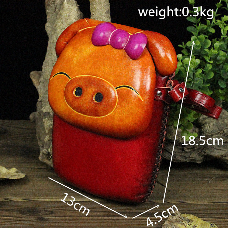 Handmade Vegetable Tanned Leather Pig Monkey Cute Men's Messenger Bags
