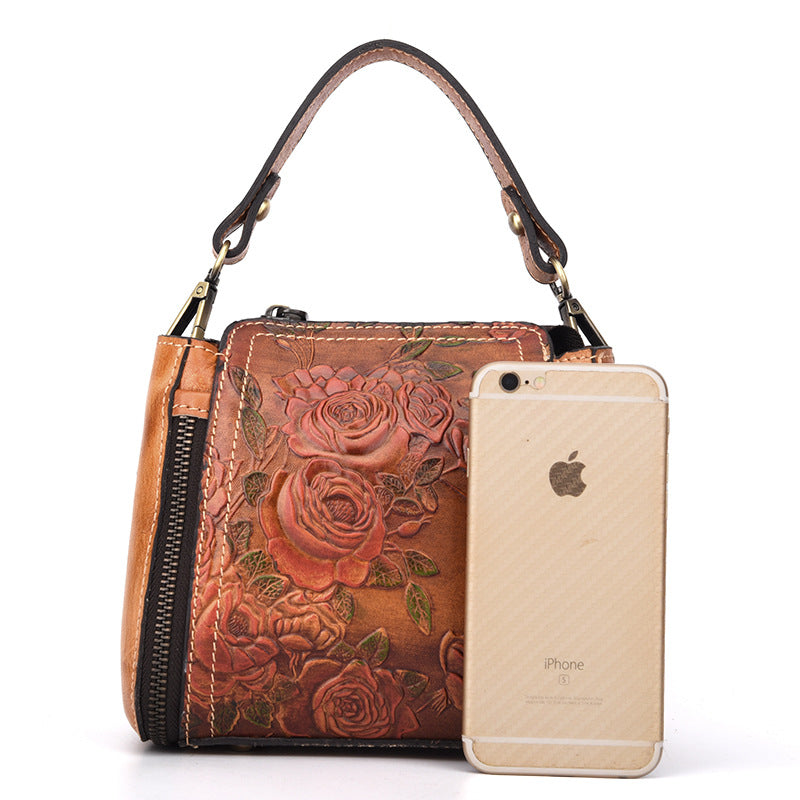 Women's Fashionable Genuine Leather Retro Hand Embossed Portable Handbags