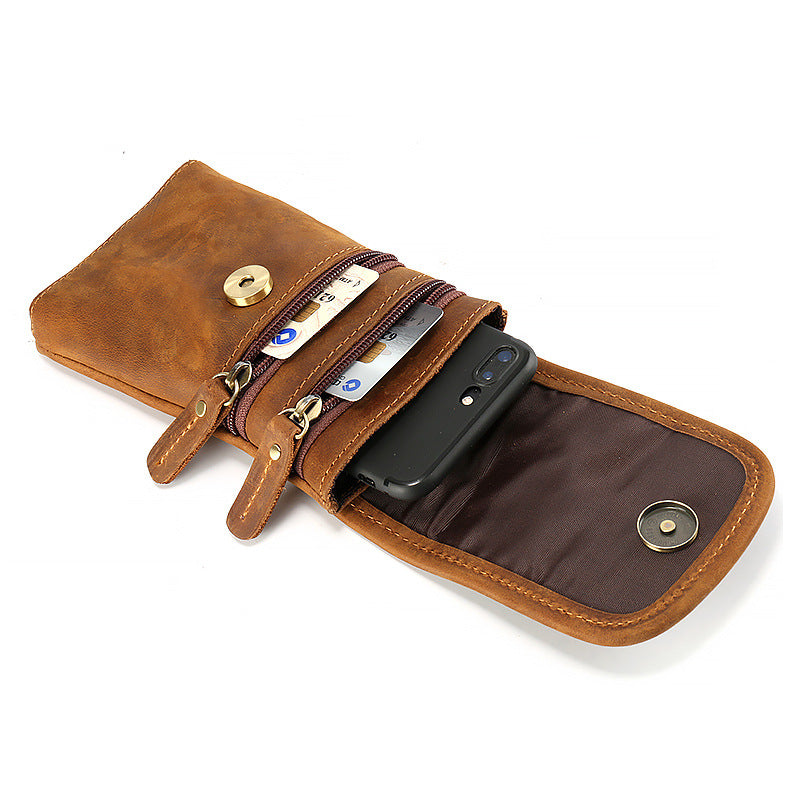 Men's First Layer Yellow Cowhide Retro Simple Mobile People Phone Bags
