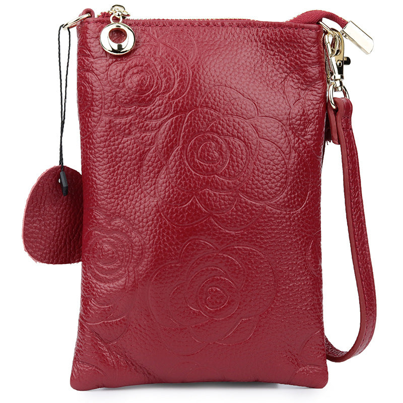 Women's First Layer Cowhide Rose Genuine Leather Phone Bags