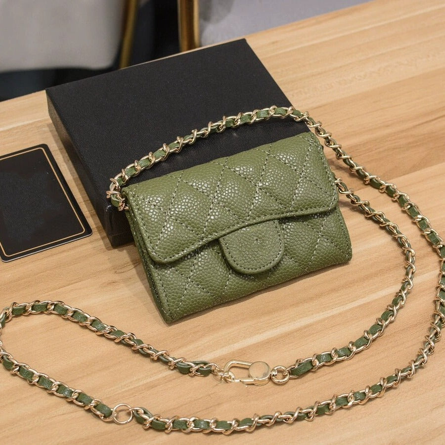 Genuine Leather Chain Rhombus Caviar Sheepskin Card Holder