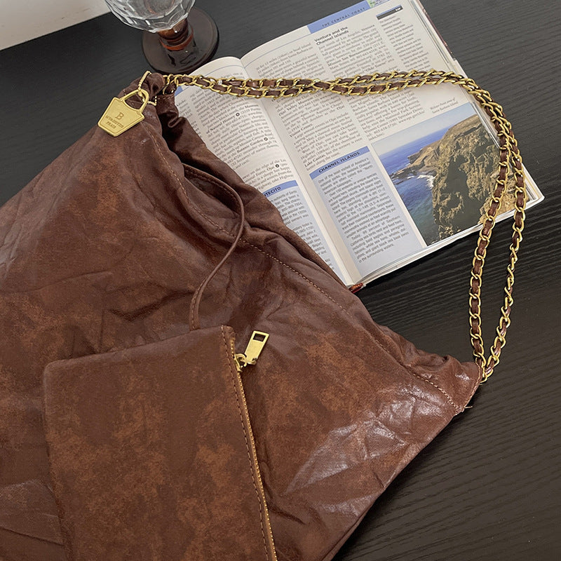 Women's Chain Texture Western Style Pleated Large Shoulder Bags