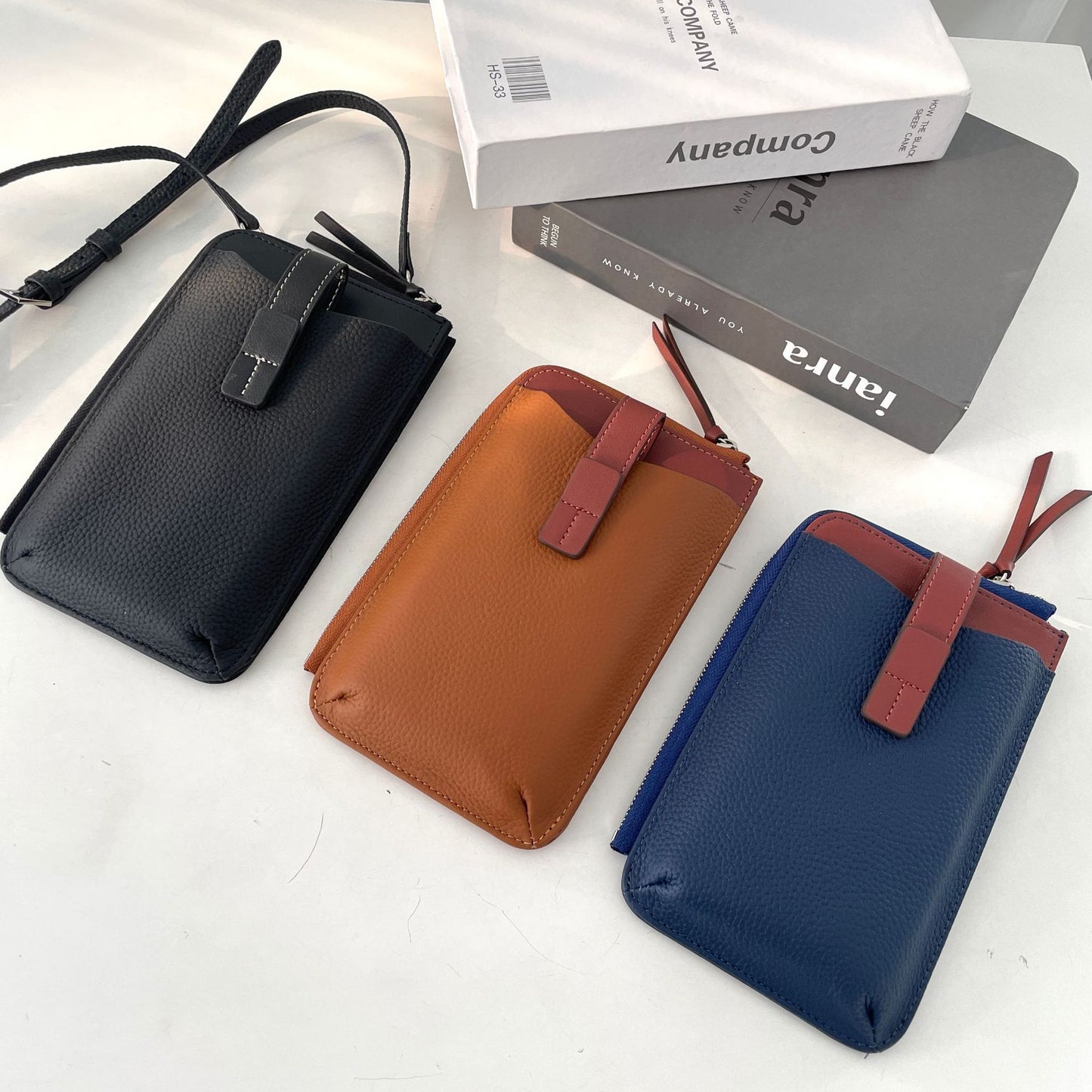 Women's Contrast Color Top Layer Leather Mini Lychee Pattern Phone Bags