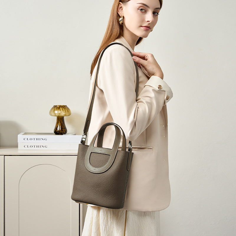 Basket Layer Cowhide Leather Cross Body Bucket Bags