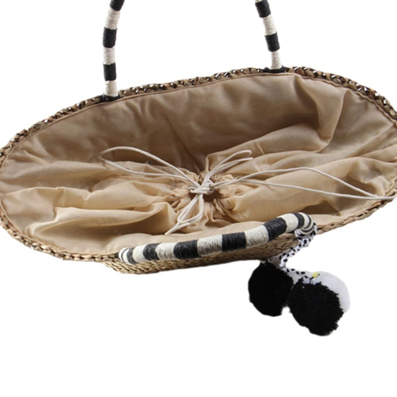 Women's Capacity Straw Fur Ball Woven Vacation Bags