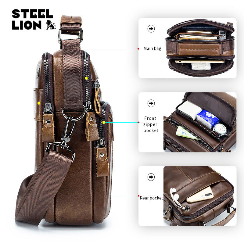 Men's Old Lion Cowhide Fashion Vertical Toe Cap Men's Shoulder Bags