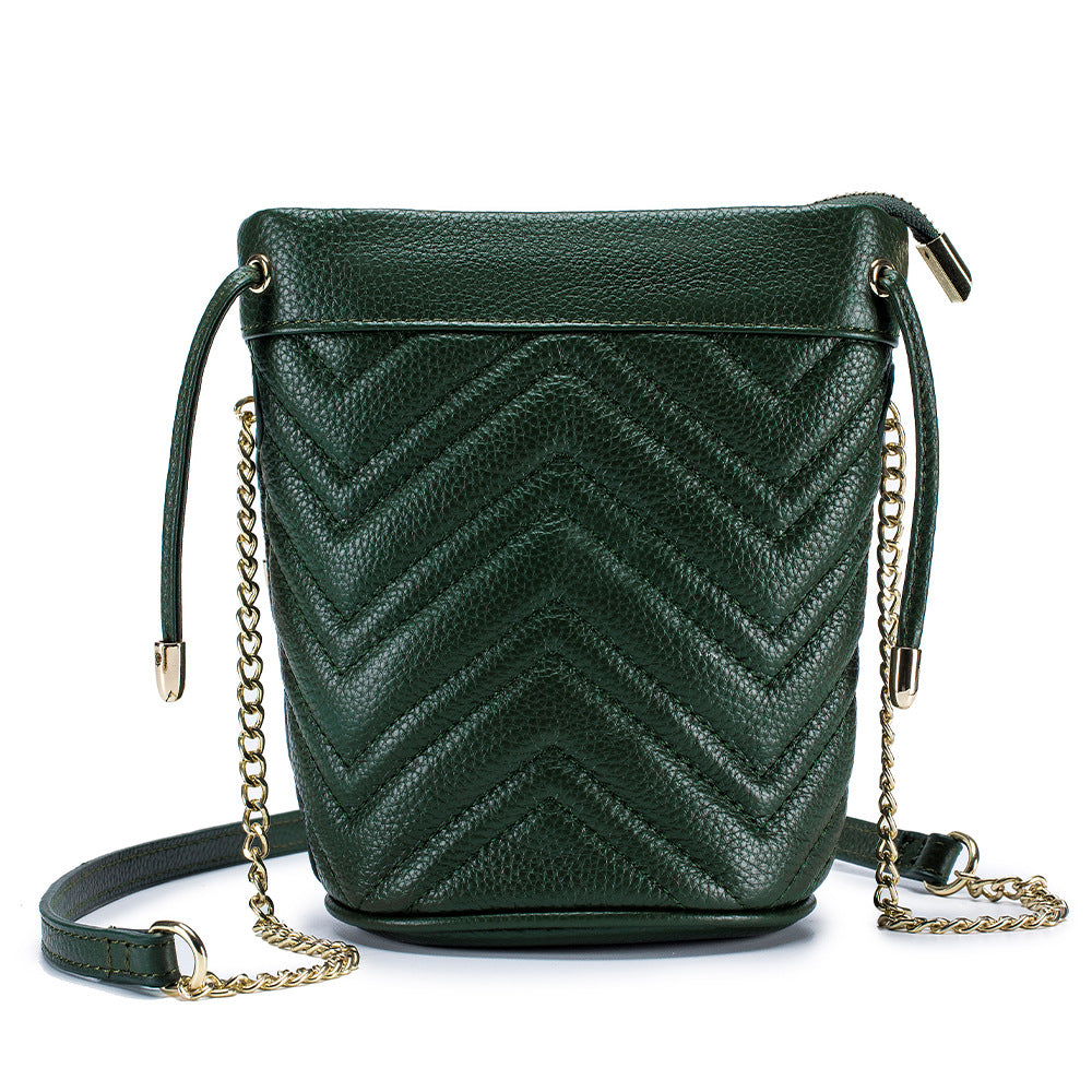 Women's Layer Cowhide Fashion Chain Leather Striped Embroidery Thread One Bags