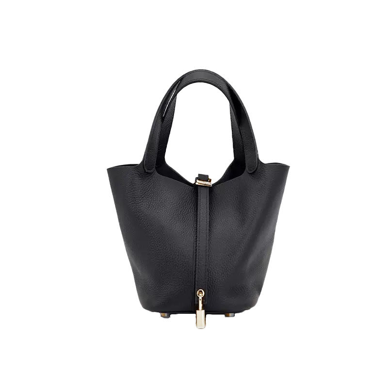 Women's Layer Cowhide Vegetable Basket Genuine Leather Commuting Bucket Bags