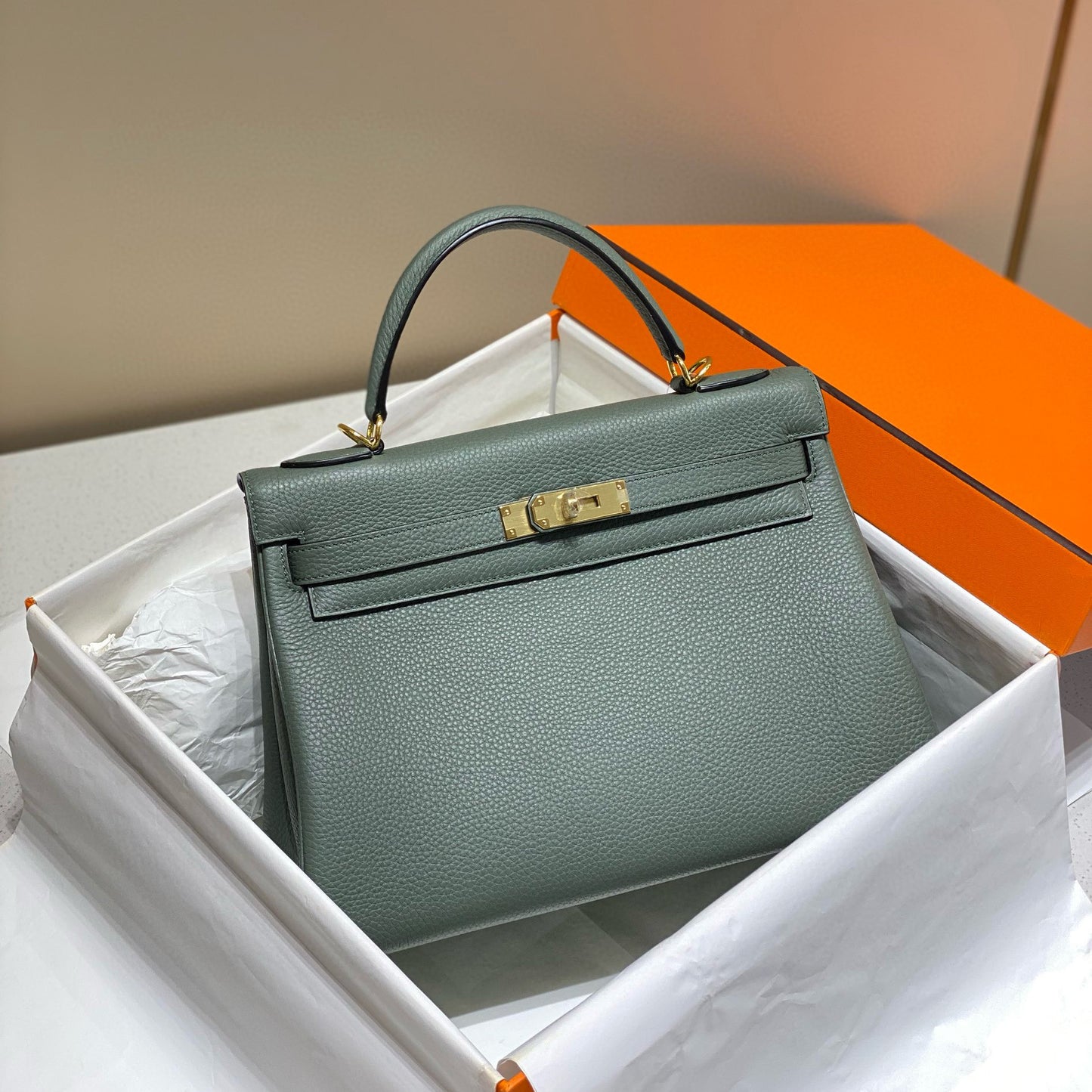 Women's Quality Kelly Lychee Pattern Calfskin Portable Crossbody Bags
