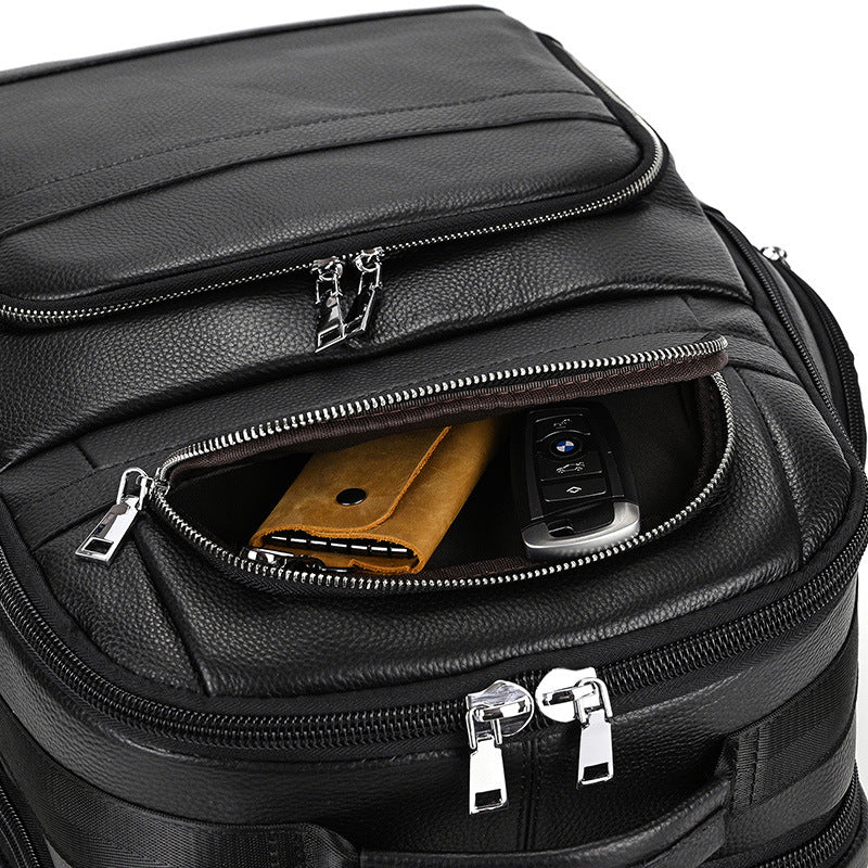 Men's Capacity Leather Black Cowhide Shiralee Leisure Backpacks