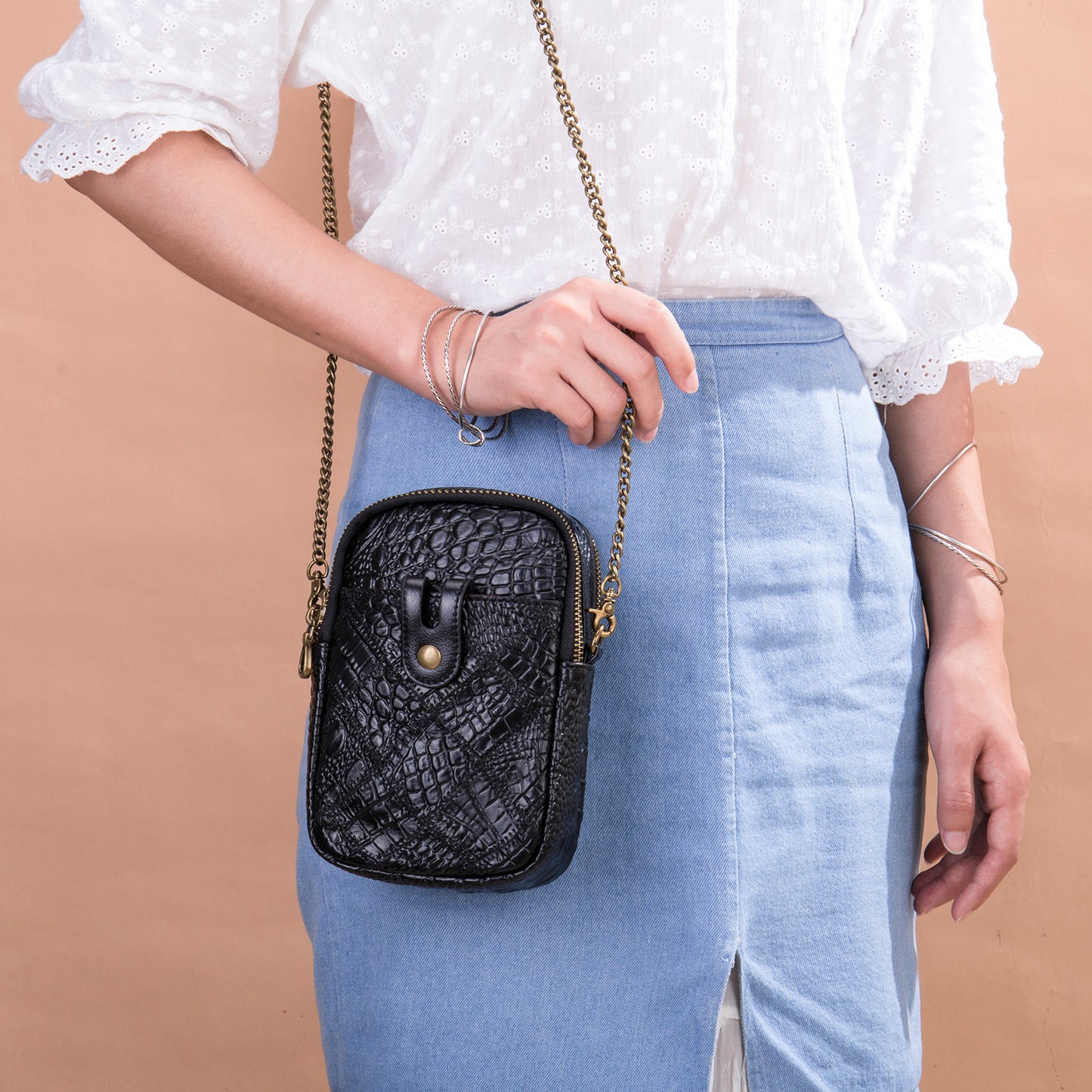 Women's Top Layer Cattlehide Leather Fashion Trendy Phone Bags