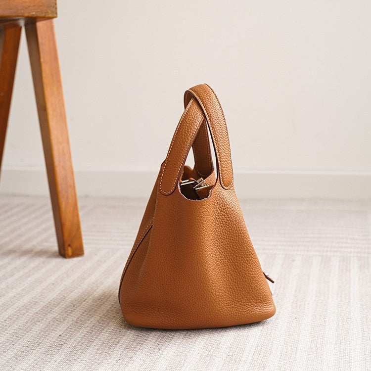 Women's Basket Layer Cowhide Leather Lychee Pattern Handbags