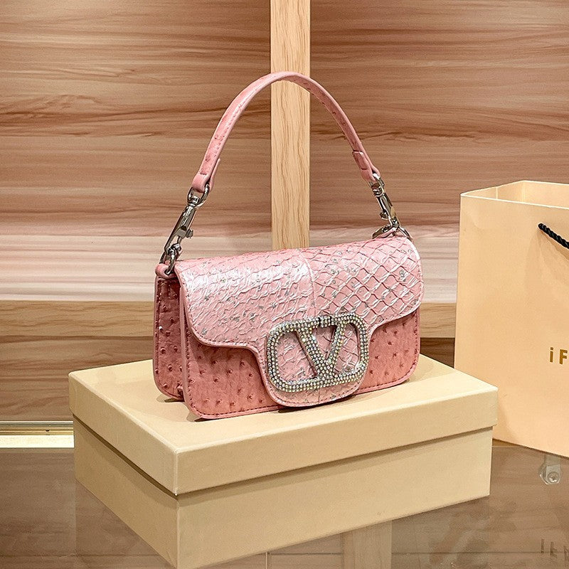 Women's Genuine Leather Light Luxury Diamond Ostrich Cowhide Crossbody Bags