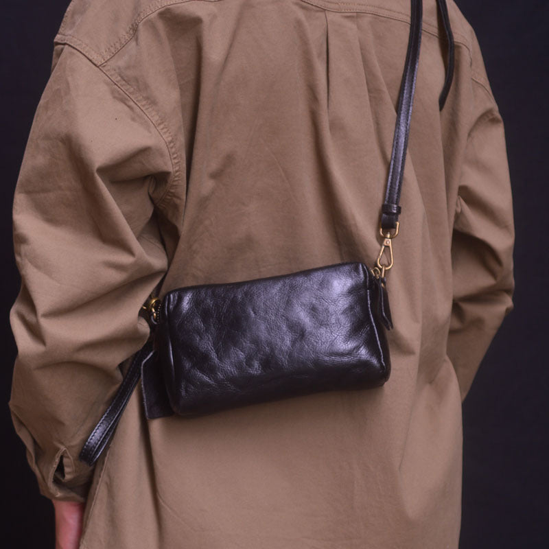 Men's Leather Horizontal Top Layer Cowhide Personality Pleated Design Zipper Men's Messenger Bags