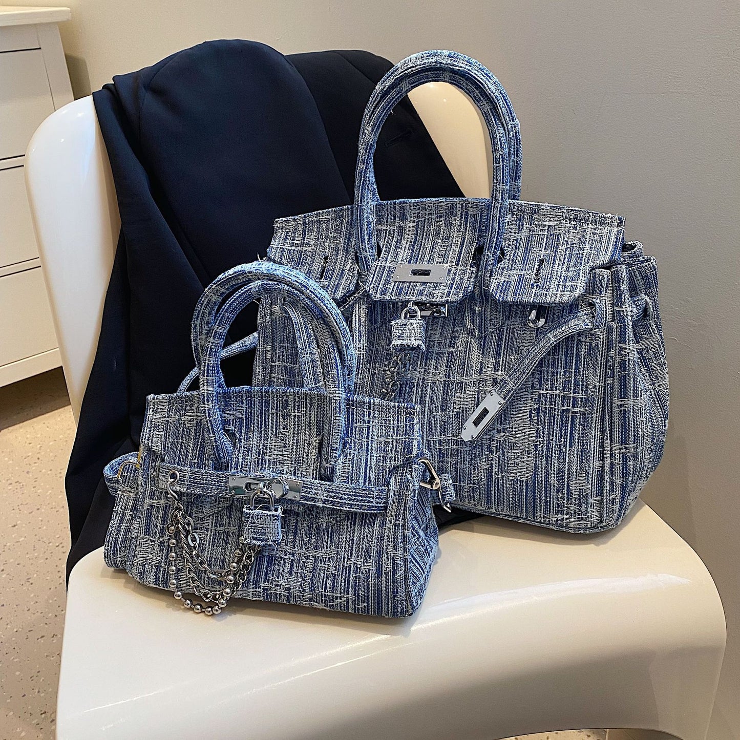Large Capacity Denim Blue Portable Platinum Shoulder Bags