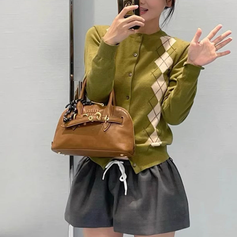 Women's Italian Shell Retro Bowling Genuine Leather Bags