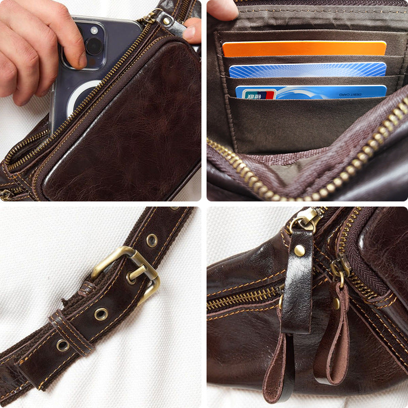 Men's Cowhide Vintage Multifunctional Oil Wax Genuine Men's Chest Bags