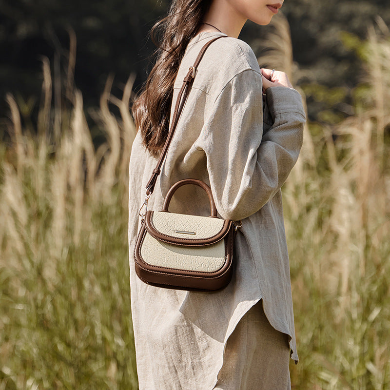 Women's Contrast Color Saddle Genuine Leather Handbags