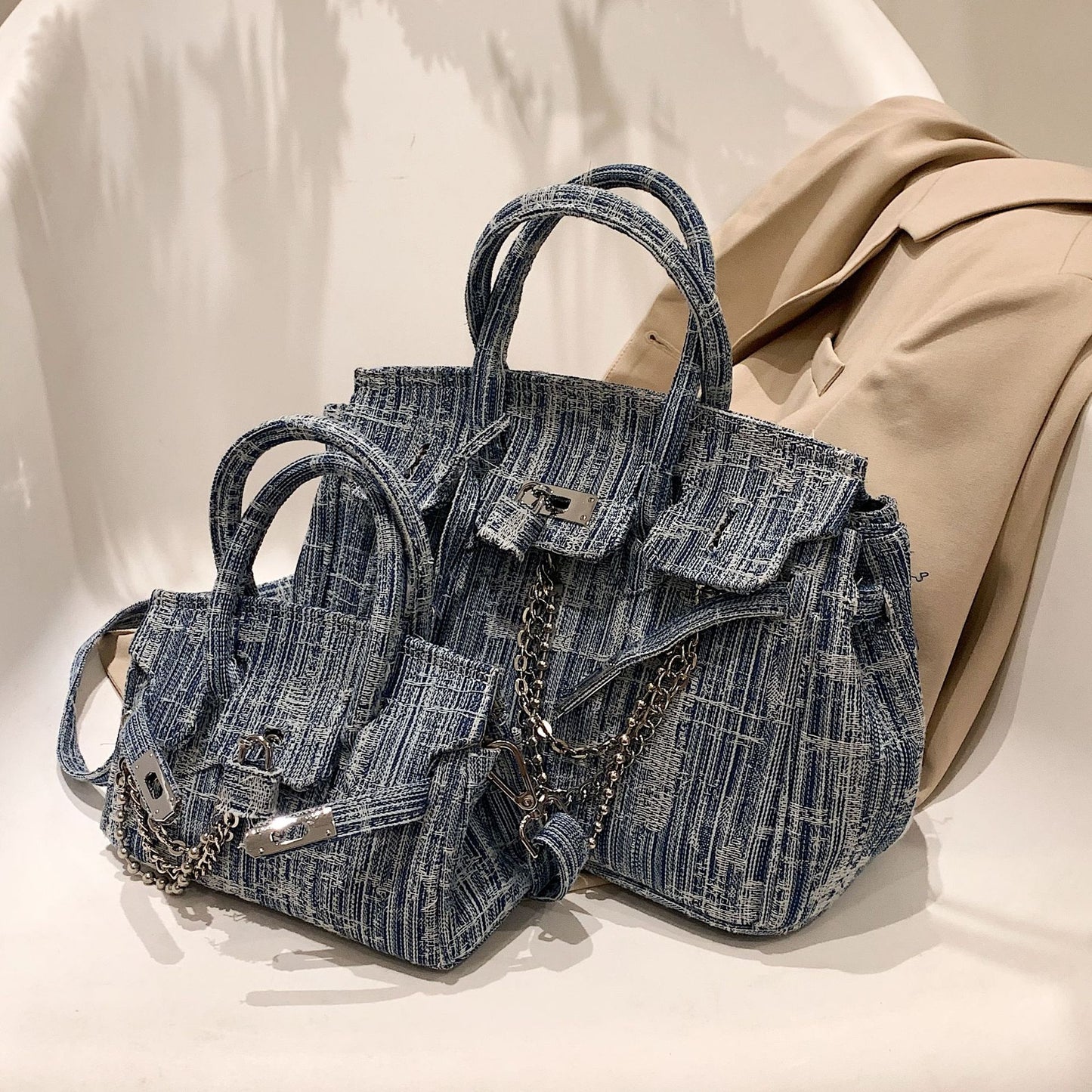 Large Capacity Denim Blue Portable Platinum Shoulder Bags