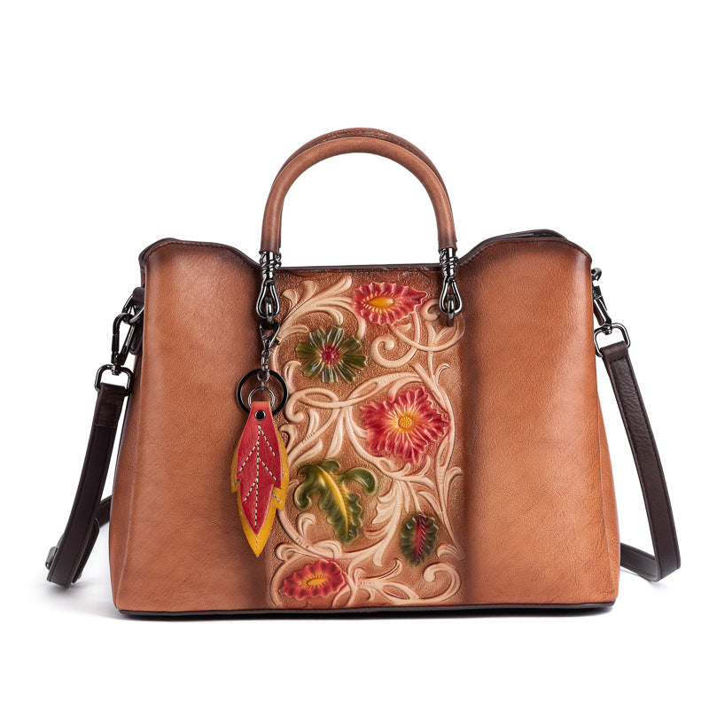 Women's Tanned Leather Cowhide Vintage Embossing Brush-off Men's Handbags