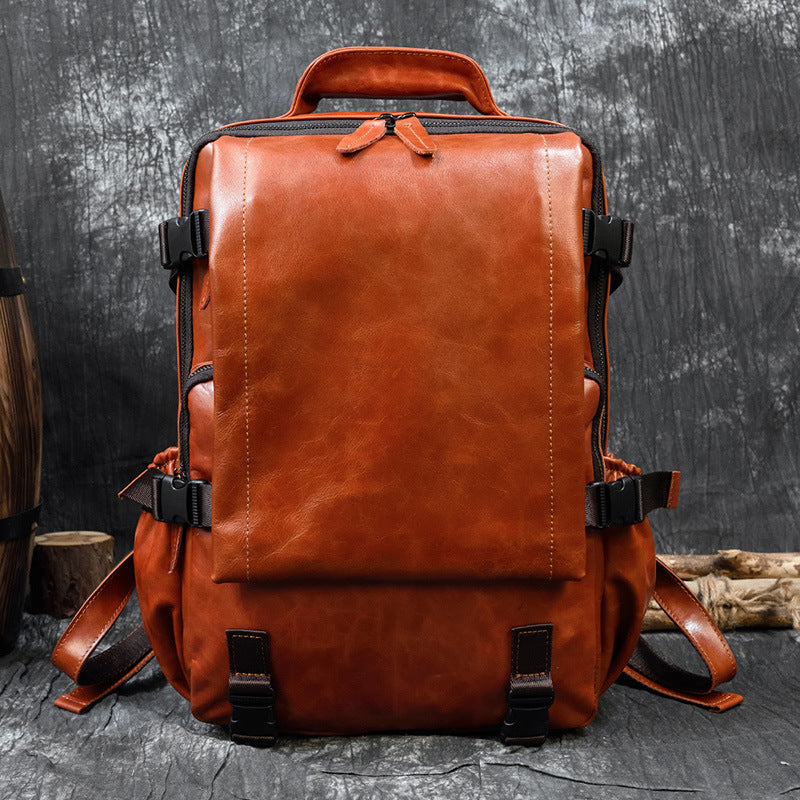 Men's Korean Style Genuine Leather Cowhide Flip Large Backpacks