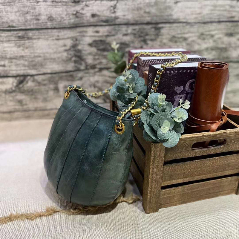 Tanned Handmade First Layer Cowhide Chain Bucket Bags