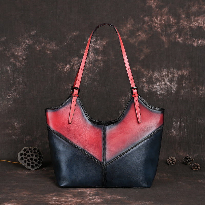 Women's Leather Contrast Color Handmade Large Capacity Shoulder Bags