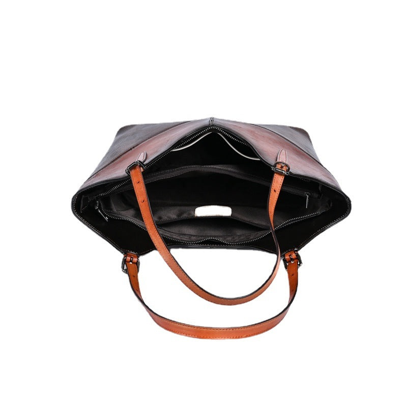 Women's Leather Contrast Color Handmade Large Capacity Shoulder Bags