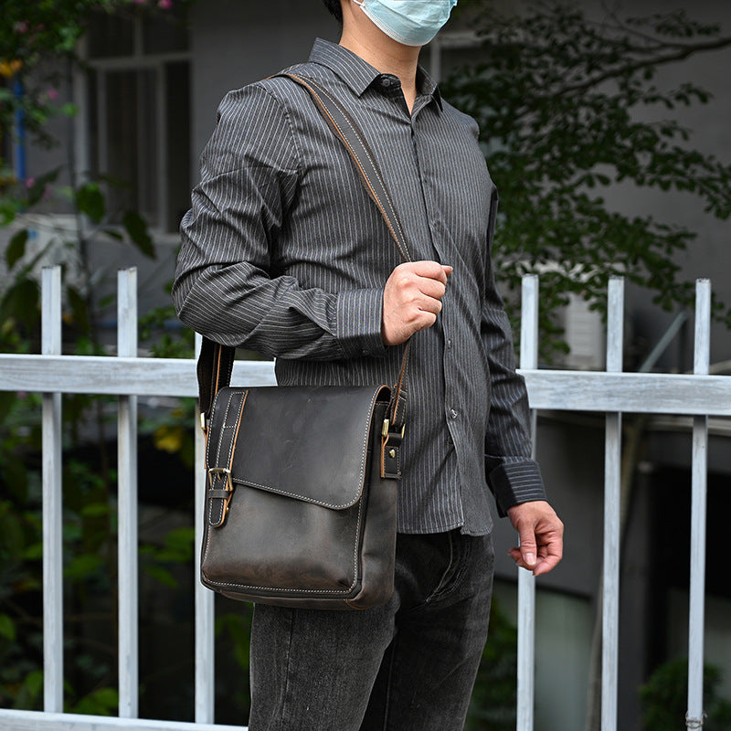 Men's Leather Crazy Horse Flap Top Layer Men's Shoulder Bags