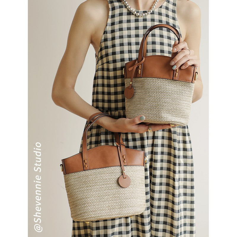 Women's Vacation Style Genuine Leather Environmental Protection Bucket Bags