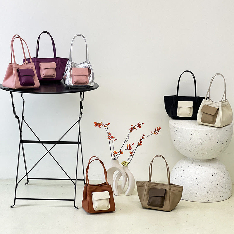 Women's Leather Contrast Color Vegetable Basket Niche Crossbody Bags