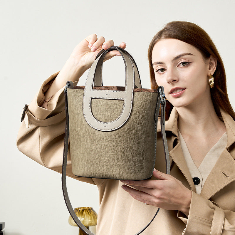 Basket Layer Cowhide Leather Cross Body Bucket Bags