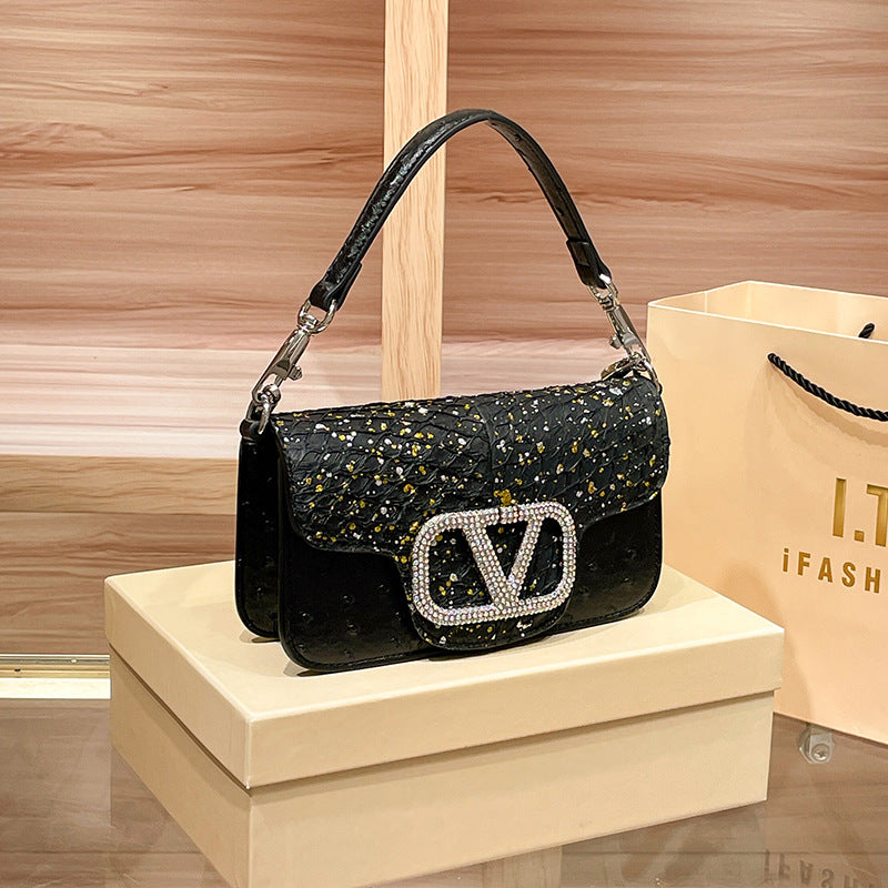 Women's Genuine Leather Light Luxury Diamond Ostrich Cowhide Crossbody Bags