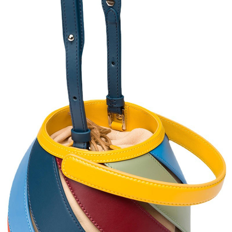 Design Rainbow Contrast Stitching Geometric Cylinder Bucket Bags