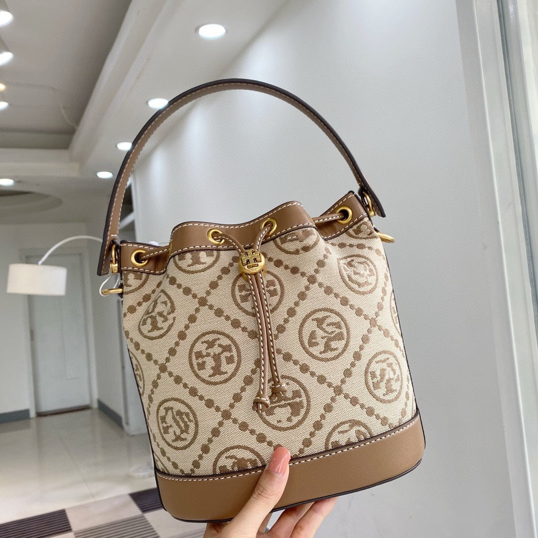 Women's Cowhide Canvas Single Drawstring Presbyopic Bucket Bags