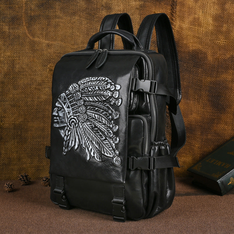 Men's Old First Layer Leather Embossing Brush-off Backpacks