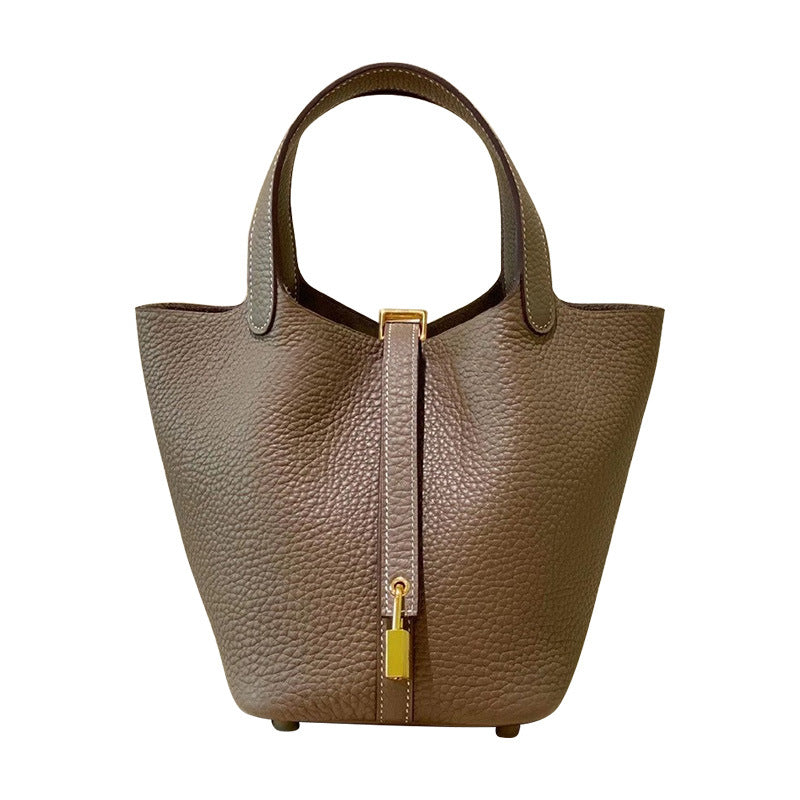 Women's Basket Genuine Leather Lychee Pattern First Tote Bags