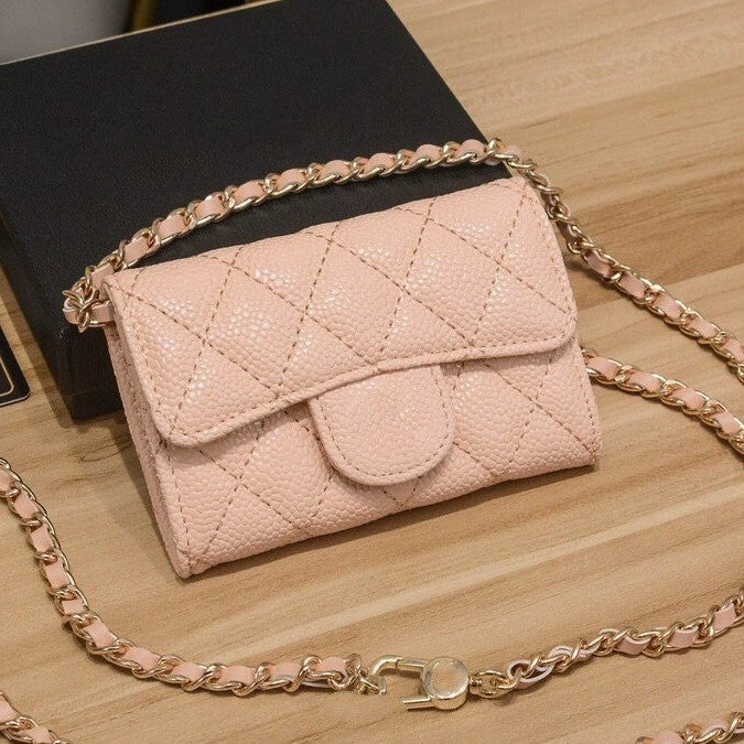 Genuine Leather Chain Rhombus Caviar Sheepskin Card Holder
